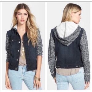 Free People Hooded Denim Knit Jacket Navy Black Gary Distressed L Mixed Media